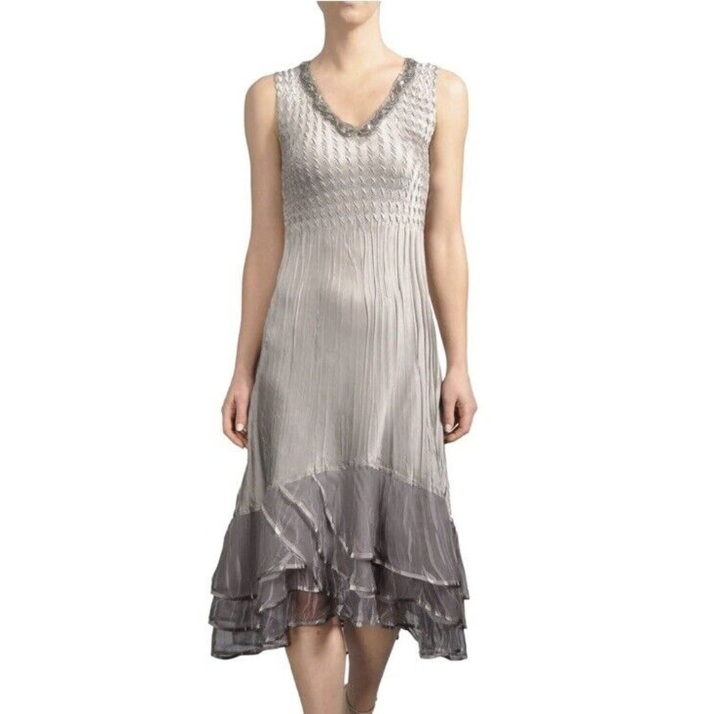 NWT Komarov Crinkle Midi Sleeveless Dress Women's Oyster Smoke Ombre Size Large